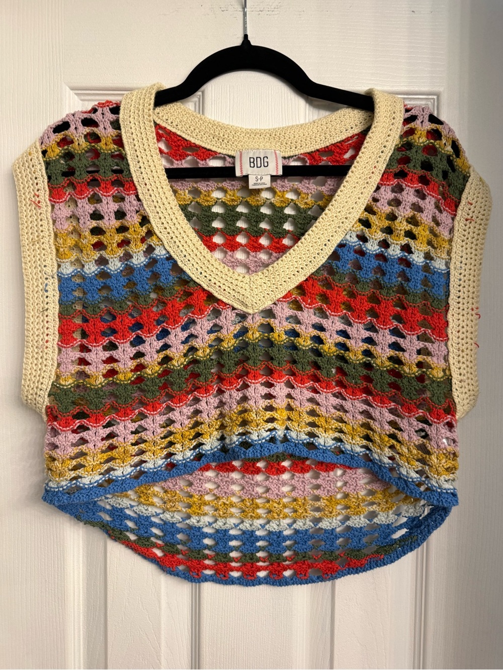 BDG Multicolor Crochet V-Neck Sweater Vest with Cream Trim